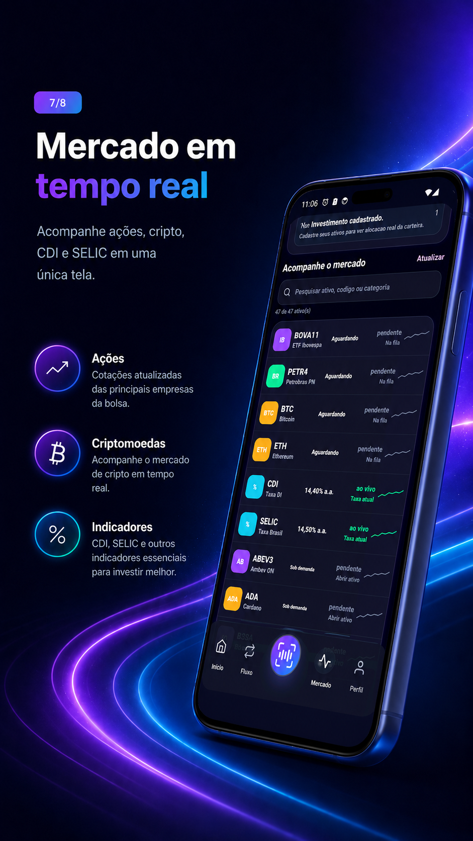 Mercado financeiro em tempo real no app Cresce+