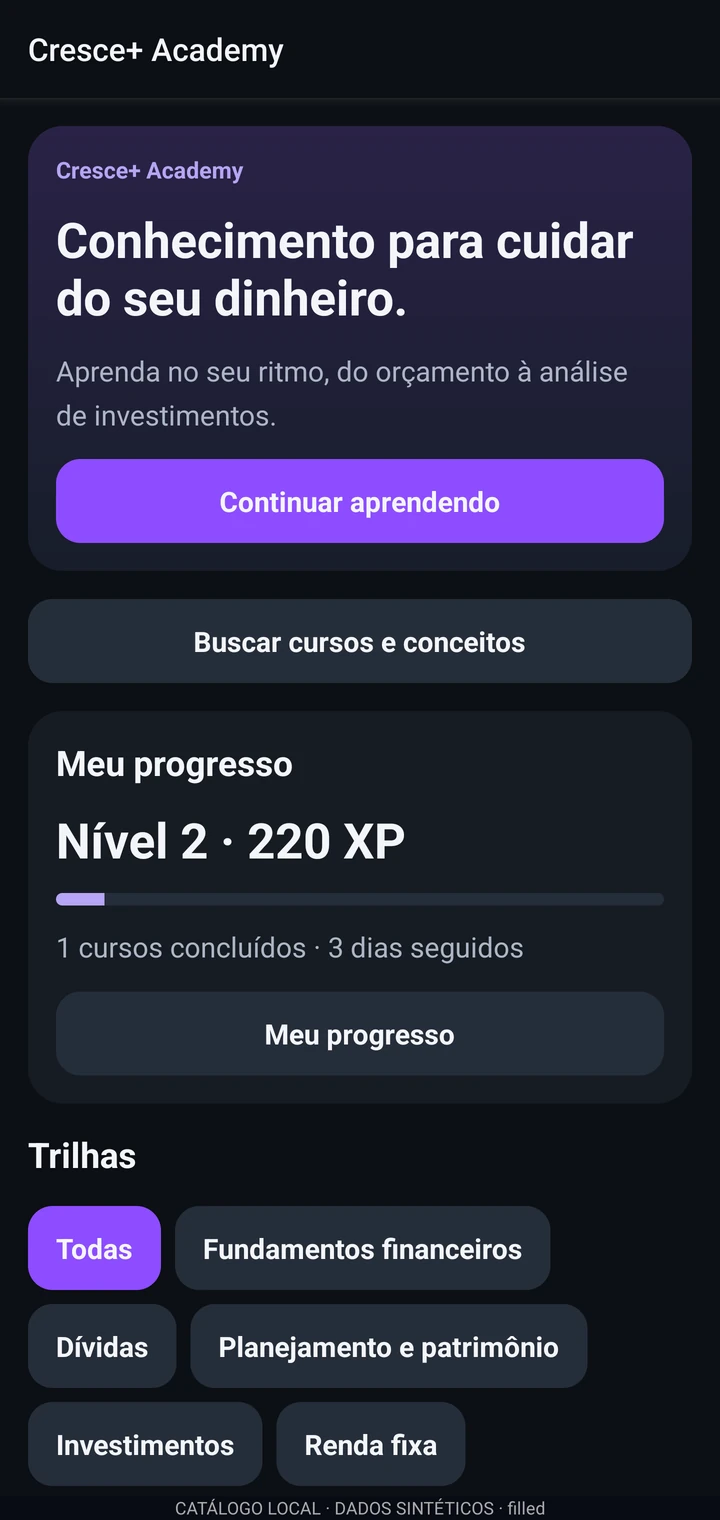 Cresce+ Academy com cursos, trilhas e progresso