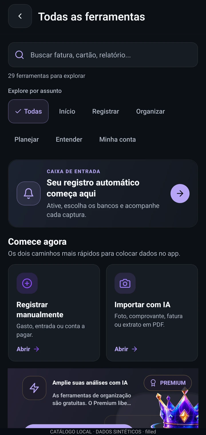 Central de ferramentas do Cresce+ com busca, assuntos e atalhos de registro