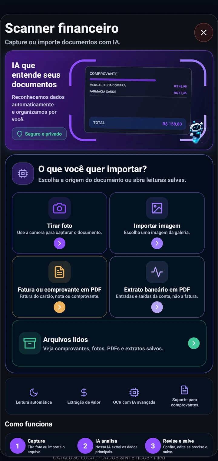 Scanner do Cresce+ com opções de foto, imagem, fatura e extrato em PDF