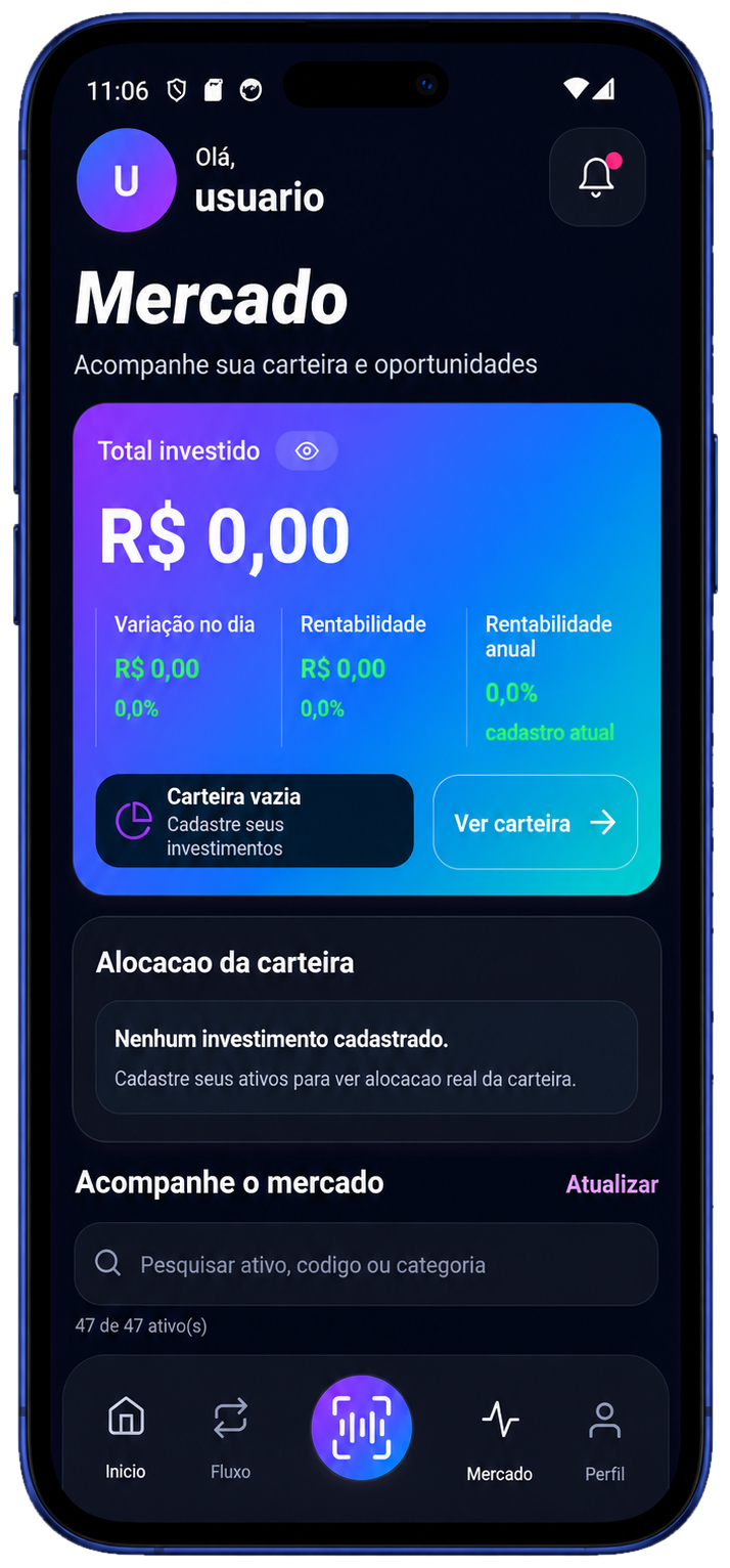 Tela do Cresce+ com carteira de investimentos